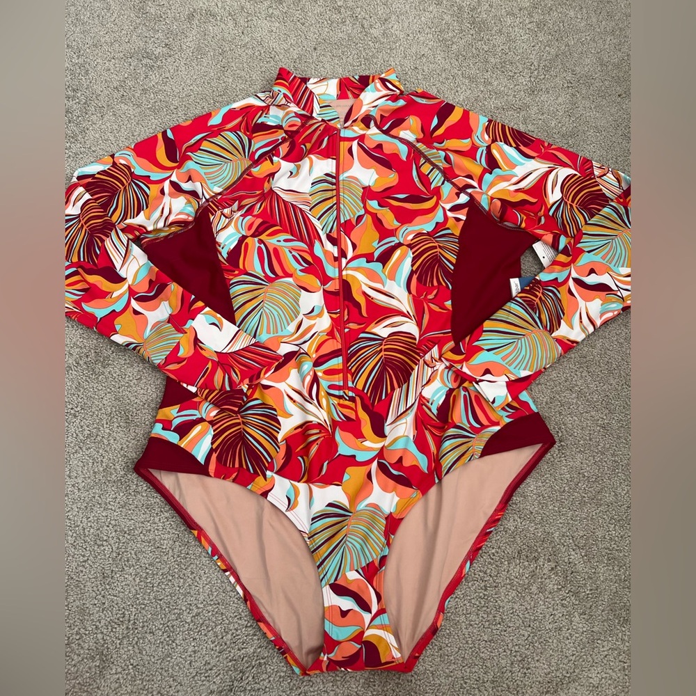 Coolibar Women's One Piece Swimsuit - Red and Orange Floral